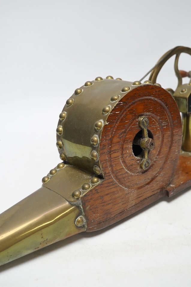 A group of copper to include a Victorian mechanical bellows, a cylindrical copper coal box and three other items, largest 49cm. Condition - poor